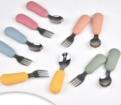 Kids Fork & Spoon Set, Baby Stainless Steel Fork, Infant Short Handle Silicone Spoon, Supplementary Food Utensils