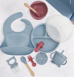Mother & Baby Silicone Feeding Set, 11-Piece Baby Supplementary Food Training Kit, Suction Bowl & Divided Tableware Set