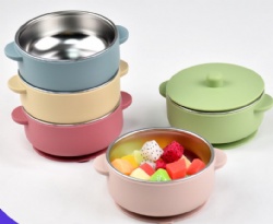 Silicone Baby Bowl with Lid for Infants & Toddlers, Kids Self-Feeding Tableware, Suction 304 Stainless Steel Double-Handle Bowl