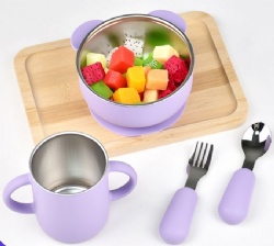 304 Stainless Steel 4-Piece Set, Baby Training Feeding Bowl, Infant Short Handle Fork & Spoon Tableware, Portable Kit