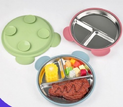 Kids 304 Stainless Steel Divided Plate, Drop-Resistant & Heat Insulation, Food Grade Silicone Suction, Baby Complementary Food Tableware