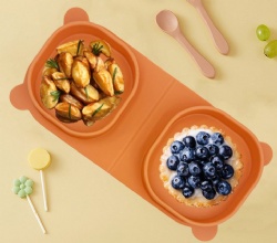 Food Grade Silicone 2-Compartment Foldable Plate, Drop-Proof Kids Tableware for Outdoor Travel Picnic, Feeding & Storage