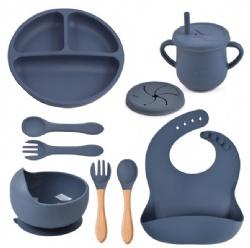 9PCS Silicone Baby Tableware Set with Divided Plate, Smiley Plate, Bib, Bowl, Spoon, Fork & Cup
