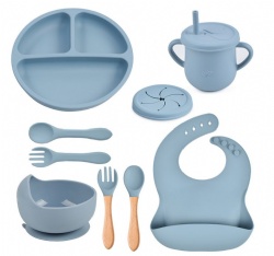 9PCS Silicone Baby Tableware Set with Divided Plate, Smiley Plate, Bib, Bowl, Spoon, Fork & Cup