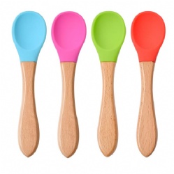 Baby Silicone Bowl & Spoon Set • Wooden Handle Silicone Spoon for Kids