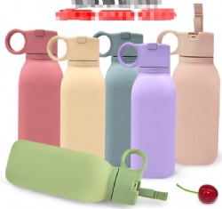 Portable Morandi Silicone Water Bottle, Food Grade, Heat Resistant, Sports & Outdoor, Handle, Drop-Proof Straw Cup