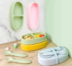 Silicone Divided Plate for Kids, 2-Compartment Dinnerware, Portable Silicone Bowl, Baby Suction Bowl with Lid, Separate Compartment Feeding Bowl