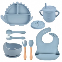9PCS Kids Silicone Dinnerware Set | Dinosaur Silicone Plate Bib Spoon Fork Cup | Baby Silicone Feeding Set