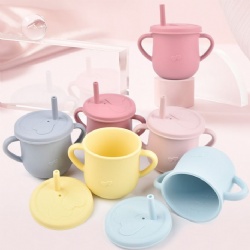 Food Grade Silicone Kids Straw Cup, Drop-Resistant Cup,Baby Double Handle Silicone Cup,Silicone Learning Cup