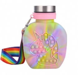 Kids Water Bottle with Pop It Fidget Toy, Cartoon Silicone Hand Warmer Bottle, Stress Relief Bubble Water Cup