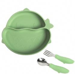 Shark Baby Silicone Plate & Spoon Fork Set, Smiley Shark Suction Plate with Stainless Steel Silicone Cutlery