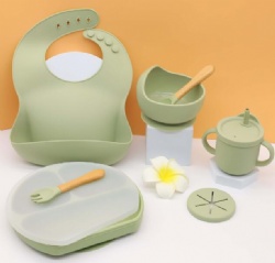 Silicone Dinner Plate Baby Bib Infant Bowl Tableware Placemat Spoon Fork Drop-Resistant Snack Cup Set