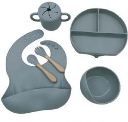Silicone Dinner Plate Baby Bib Infant Bowl Tableware Placemat Spoon Fork Drop-Resistant Snack Cup Set