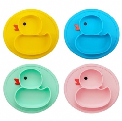 Cute Duck Kids Divided Silicone Feeding Plate, Integrated Suction Cup Baby Tableware