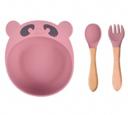 Food-Grade Silicone Baby Feeding Set, Bear Suction Bowl with Spoon & Fork, Anti-Spill Toddler Tableware