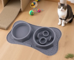 Silicone Pet Double Bowl, Anti-Tip & Non-Slip Dog Cat Feeding Bowl, Wear-Resistant Slow Feeder Mat Set
