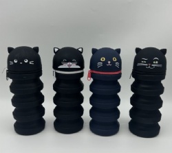 Black Cat Silicone Stationery Bag Pencil Holder, Cute Climbing Cat Cartoon Foldable Zipper Pencil Case